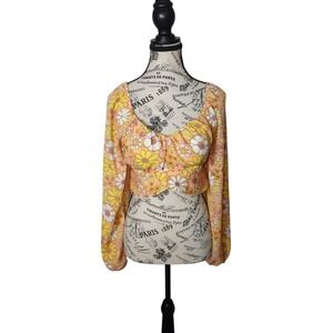 Madden NYC Womens M Orange Floral‎ Puff Sleeve Crop Top Ruched Y2K Retro